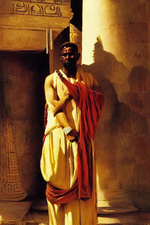 Image similar to a closer hero portrait of a live nubian temple guard in old egypt. masterpiece, dramatic light and shadow, saturated colors, ciaroscuro. painted by anders zorn