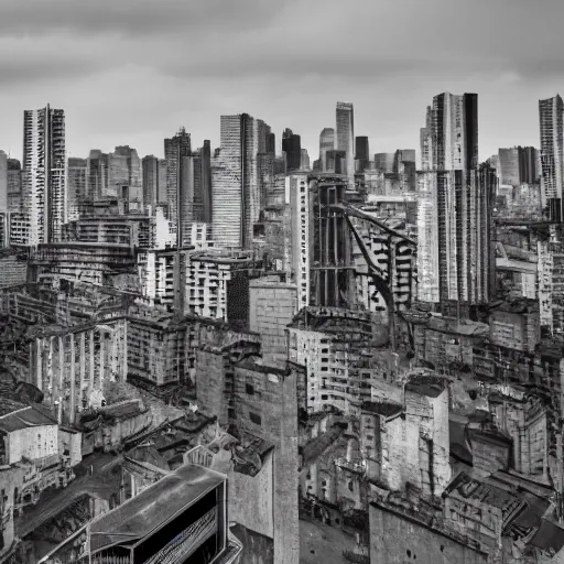 Image similar to cityscape in the bleak future with brutalist architecture viewed from the side