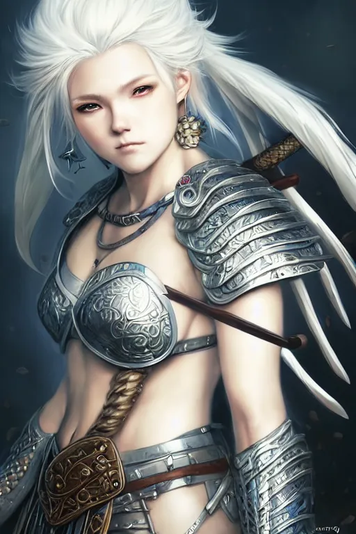 Image similar to A realistic anime portrait of a beautiful white haired female barbarian wearing an intricate viking armor, digital painting, by Stanley Artgerm Lau, Sakimichan, WLOP and Rossdraws, digital painting, painterly, Pixiv, Deviantart, golden ratio, rule of thirds, good composition, HD, 8k, award winning, promo art, splash art, rpg, jrpg, dungeons and dragons, DND, trending on ArtStation