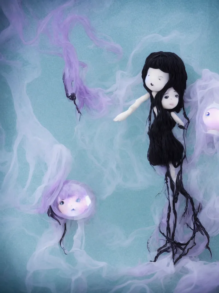 Image similar to cute fumo plush doll of an otherworldly translucent jellyfish goth maiden girl floating in the deep sea, mysterious tattered black tendrils and dress, glowing wraith girl, wisps of volumetric fog and smoke in vortices, vignette, bokeh, vray