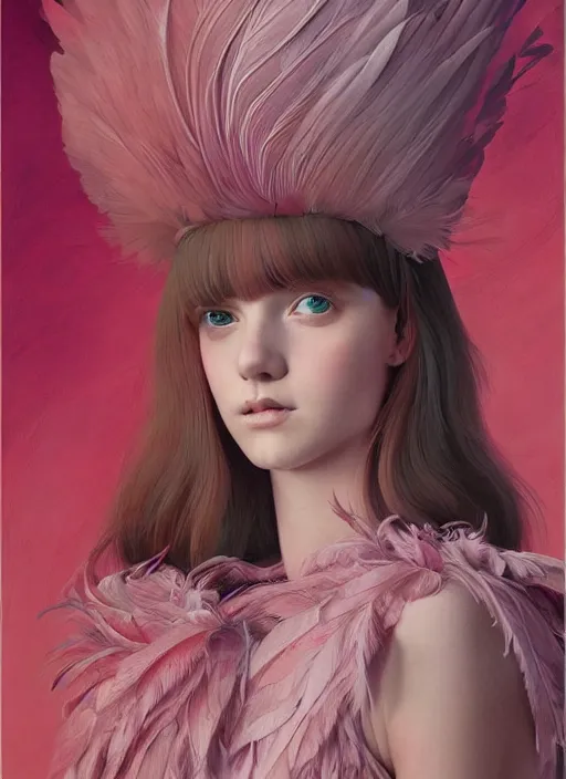 Image similar to beautiful teen girl with an eccentric pink haircut wearing an dress made of feathers, artwork made by ilya kuvshinov, inspired in donato giancola, anatomically perfect