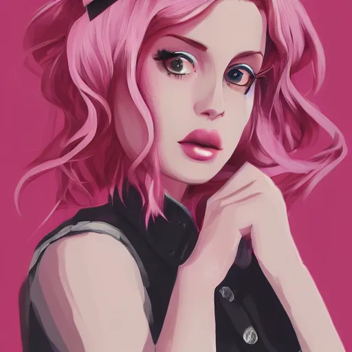 Prompt: full headshot portrait of Lana del ray punk, digital art, short pink hair, drawn by WLOP, by Avetetsuya Studios, anime manga panel, trending on artstation, wearing a plaid shirt