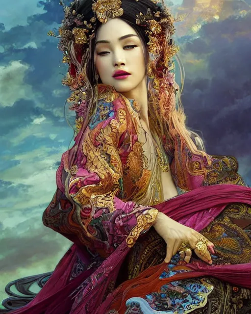 Prompt: a beautiful intricate exquisite imaginative exciting northern close up portrait of an asian sorceress sitting with elegant looks, flowing robe, ornate and flowing, intricate and soft by ruan jia, tom bagshaw, alphonse mucha, krenz cushart, beautiful chinese architectural ruins in the background, epic sky, vray render, artstation, deviantart, pinterest, 5 0 0 px models