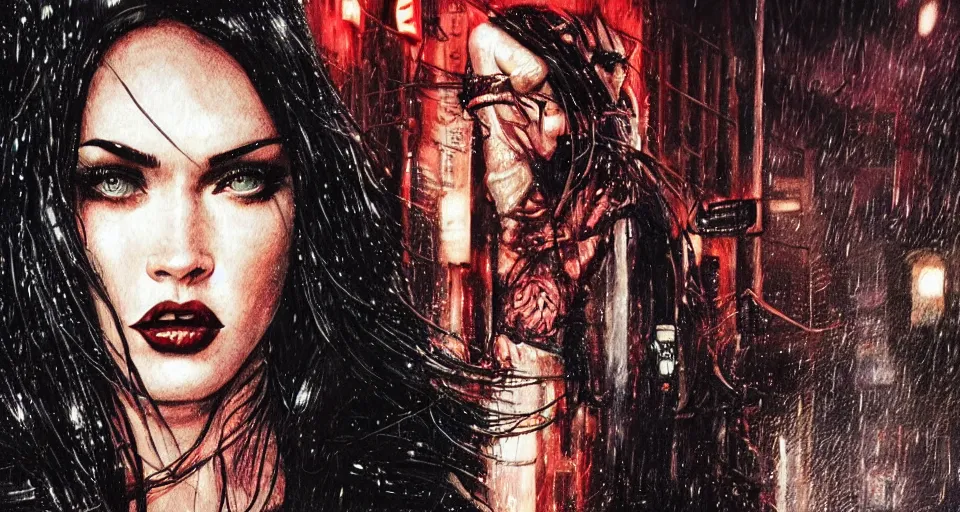 Image similar to a 2 8 mm closeup photo of megan fox posing as a vampire in emo clothing in a wet city street at night, intricate, hyper detailed, smooth, high contrast, neon, volumetric lighting, octane, moebius, greg rutkowski, blade runner, ripley scott, mad max, cindmatic