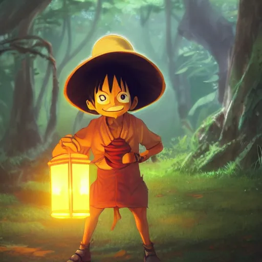 Prompt: concept art painting of an anthropomorphic luffy wearing a yellow cloak, holding a lantern, in the deep forest, realistic, detailed, cel shaded, in the style of makoto shinkai and greg rutkowski and james gurney