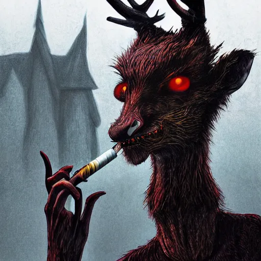 Image similar to 4 k headshot portrait of a psychedelic demonic anthropomorphic deer - horned wendigo smoking a hand - rolled cigarette smoking heavily, magic mushroom village in background. award winning. superb resolution. in the art style of junji ito and greg rutkowski. detailed mushroom city in background. hyper realistic anime. perfect art. dalle 2