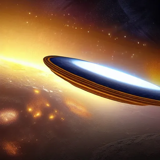 Prompt: giant mothership in space landing at a golden city floating in outerspace, realistic, detailed, digital art, 8k, space, galaxy, stars, art station, destiny