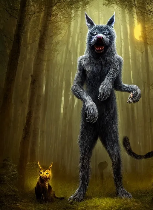 Image similar to a ominous furry creature with long twisted ears standing in a forest, big yellow glowing eyes, dark fantasy, michael kutsche, concept render, beautiful lighting