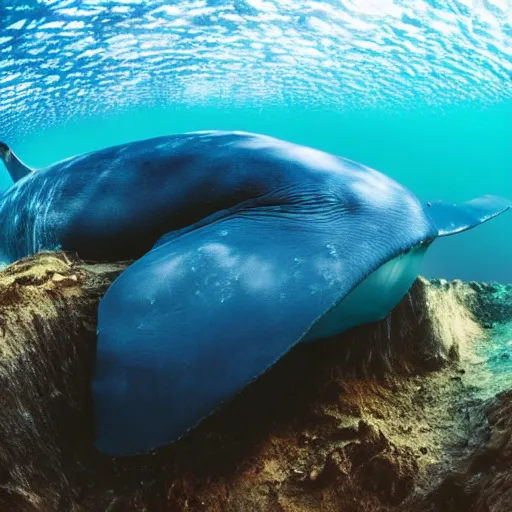 Prompt: an underwater photo of a blue whale eating krill