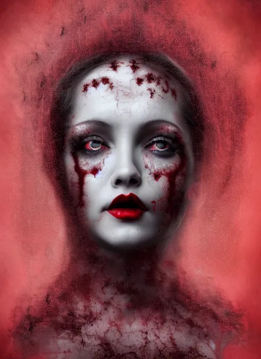 Image similar to dramatic red matte portrait painting of woman with black mandelbrot fractal instead of face, horror, body horror, dark art, 4 k, detailed, realistic, psychotic, insane, crazy, mental illness, dramatic,