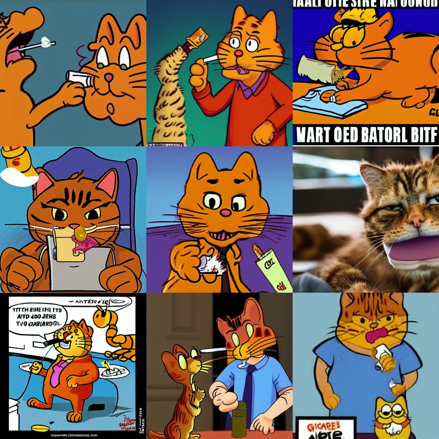 Prompt: Garfield the cat with a blunt spliff joint in his mouth