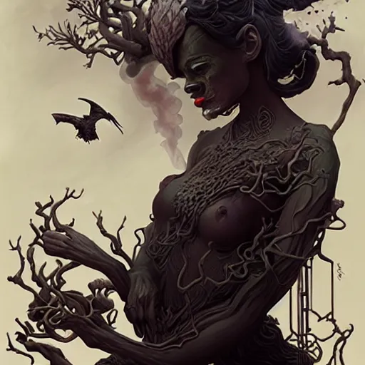 Prompt: fantasy portrait of a woman made of obsidian and smoke, carved Japanese Sakura wood organic overgrowth, holding nevermore, in GTA V, peter mohrbacher, artgerm, James Jean