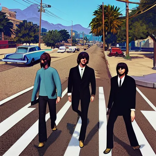 Image similar to The Beatles (1967) in GTA V, cover art by Stephen Bliss, artstation, no text