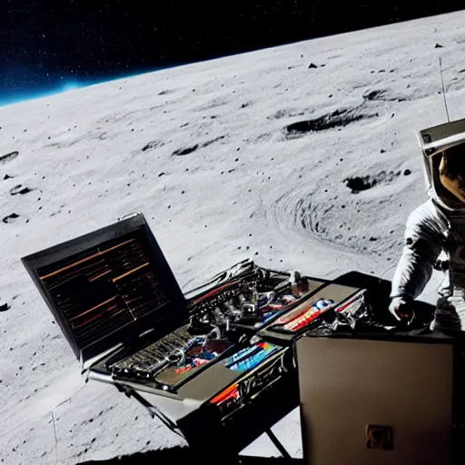 Image similar to an astronaut on the dj decks on the moon