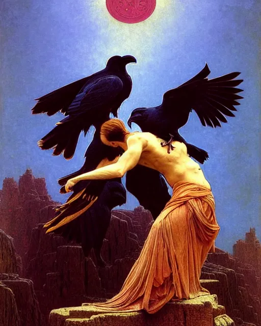 Image similar to two fighting ravens, emotionally evoking symbolic metaphors, fantasy, ornamental, intricate, elegant, highly detailed digital painting, artstation, concept art, painterly, golden ratio, sharp focus, illustration, art by John William Godward and Alphonse Mucha and Zdzisław Beksiński,