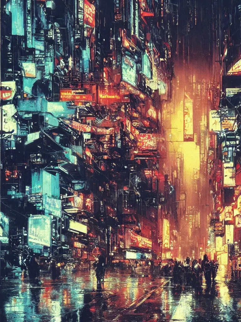 Image similar to wet city street, neon signs, buildings, space craft, crowds of people, blade runner 1982, syd mead, john berkey, jeremy mann