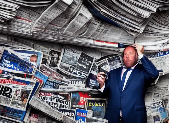 Prompt: dslr photo still of infowars host alex jones in a blue suit fat grey beard and mustache in a!!! room filled to the ceiling with newspapers newspapers to the ceiling newspapers everywhere stacks of newspapers!!!!!! looking at an iphone in shock gazing at an iphone in his hand scared look at iphone being held up!!!, 5 2 mm f 1. 8