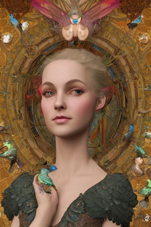 Image similar to face closeup, 3 d render of english princess holding birds, ornaments, background ornaments, mucha vibe, dieselpunk, solarpunk, artstation