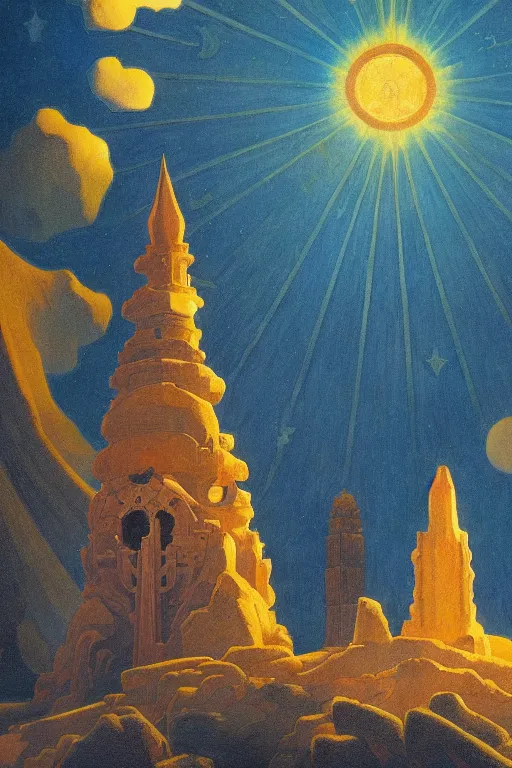 Image similar to glorious painted belltower of the sun and the lost stars, by Sylvain Sarrailh and Nicholas Roerich and jean delville and Maxfield Parrish, dramatic cinematic lighting , beautiful garden, ornate architecture, smooth, sharp focus, extremely detailed