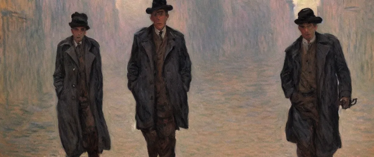 Prompt: a single!!!!!!! drunk and depressed film noir detective in a trench-coat, walking along a street; a painting by Claude Monet