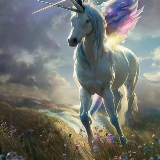 Image similar to a iridescent unicorn is injured, footsteps of blood leading up to it, toxic glowing smog in the sky, ultra realistic, concept art, intricate details, highly detailed, photorealistic, octane render, 8 k, art by art by artgerm and greg rutkowski and alphonse mucha