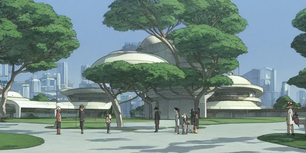 Prompt: A solarpunk round white sci-fi building in a city park, by Studio Ghibli and Edward Hopper