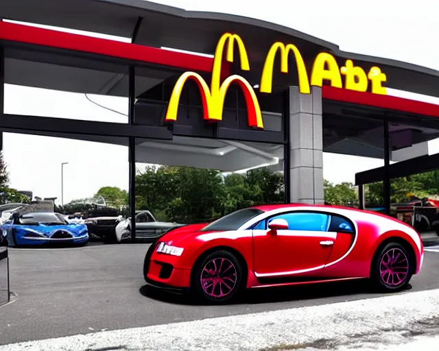 Image similar to Bugatti in a McDonalds Drive thru, photograph