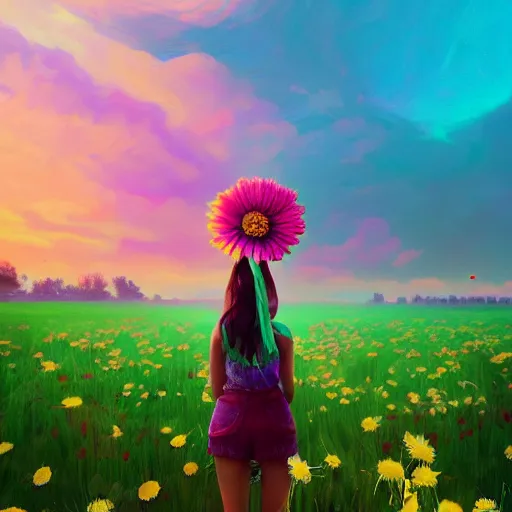 Prompt: giant daisy flower as head, full body, girl standing in a flower field, surreal photography, sunrise dramatic light, impressionist painting, colorful clouds, digital painting, artstation, simon stalenhag, flower face