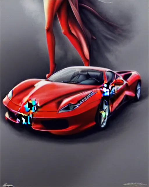 Image similar to Ferrari car in the shape of a woman, fantasy, intricate mechanical designs, elegant, highly detailed, sharp focus, art by Artgerm and Greg Rutkowski and WLOP