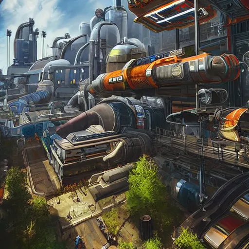 Image similar to sci fi power plant from apex legends in a pleasant urban setting surrounded by families, art station, ultra hd, soft light, overhead sun, ultra hd, art station