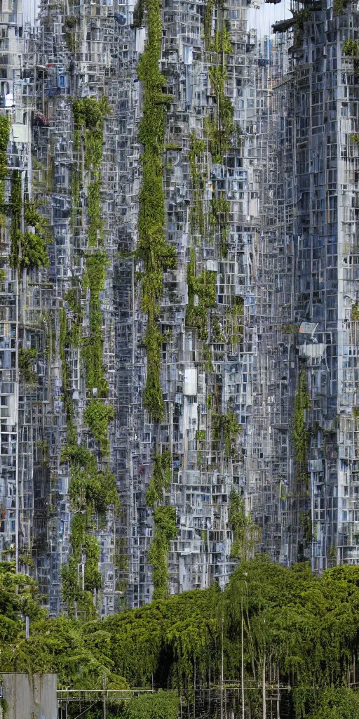 Prompt: a detailed elevational photo by Andreas Gursky of tall and slender futuristic mixed-use towers emerging out of the ground. The rusty industrial towers are made of metal scaffolding and multicolored tarps. The mossy towers are covered with trees and ferns growing from scaffolding, floors, and balconies. The towers are bundled very close together and stand straight and tall. The towers have 100 floors with deep balconies and hanging plants. Cinematic composition, volumetric lighting, foggy morning light, architectural photography, 8k, megascans, vray.