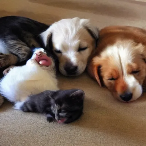 Prompt: puppies and kittens taking a nap together