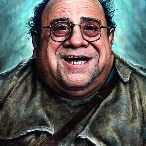 Image similar to hyperrealistic mixed media high resolution painting of Danny DeVito Lord of the Rings, stunning 3d render inspired art by Jamie Salmon and István Sándorfi and Unreal Engine and Greg Rutkowski, perfect facial symmetry, dim volumetric lighting, 8k octane beautifully detailed render, full body shot, post-processing, extremely hyper-detailed, intricate, epic composition, highly detailed attributes, highly detailed atmosphere, cinematic lighting, masterpiece, trending on artstation, very very detailed, masterpiece, stunning, flawless completion, lifelike texture, perfection,