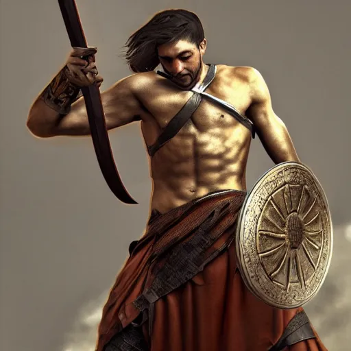 Image similar to Ancient greek warrior, holding a sword, epic, dramatic pose, cinematic, trending on artstation, award winning, 4k, photorealistic, high details, by delacroix