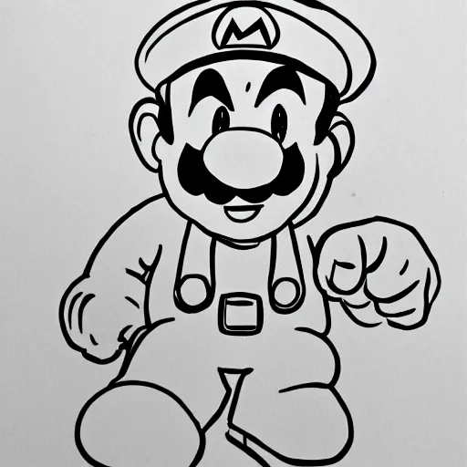 Image similar to continuous single line contour - drawing of supermario, pen on white paper