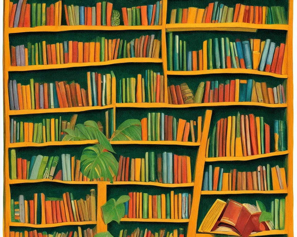 Image similar to one small bookshelf in the rainforest, featuring legal books, by hopper. hyperdetailed, proportional, romantic, enchanting, achingly beautiful, graphic print, trending on artstation, jungle, tropical, foliage