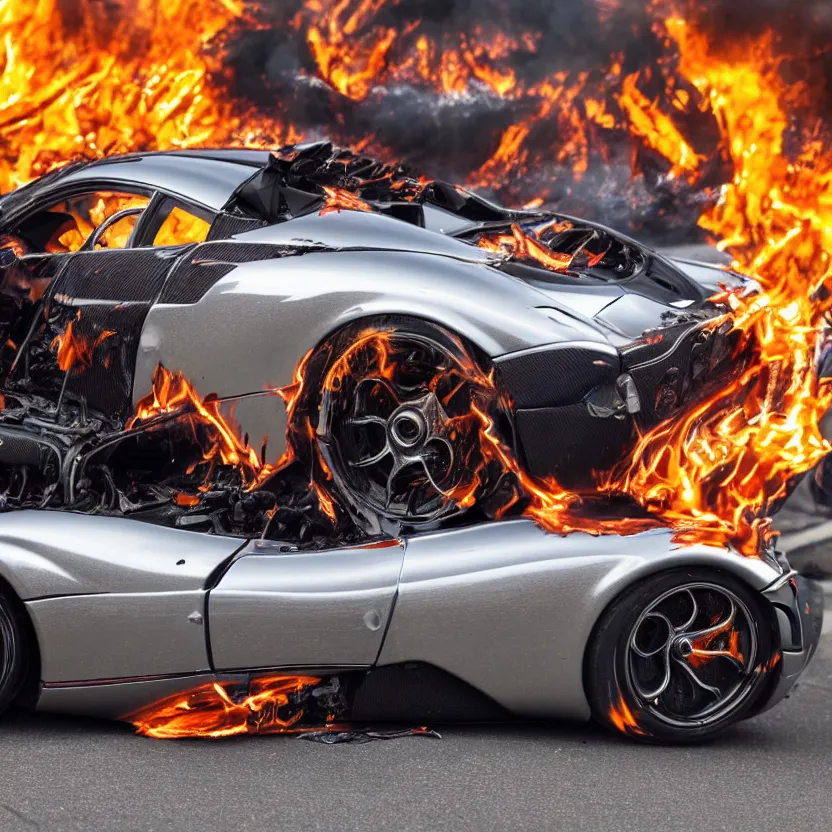 Image similar to close - up of a chrome pagani huayra on fire after a big crash, 8 k, highly detailed, realistic