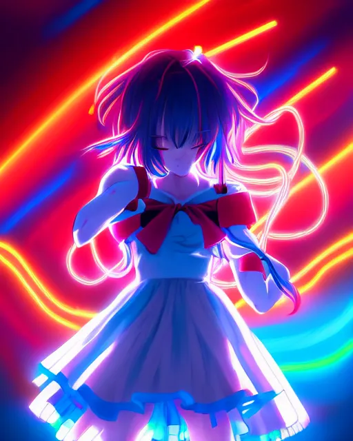 Image similar to anime style, vivid, expressive, full body, 4 k, painting, a cute magical girl idol with a long wavy hair wearing a dress fighting monsters, blue and red, balance, correct proportions, stunning, realistic light and shadow effects, neon lights, studio ghibly makoto shinkai yuji yamaguchi