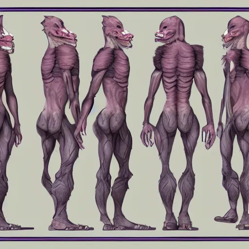 Image similar to character turnaround sheet for a monster in a human body in the style of aaron blaise