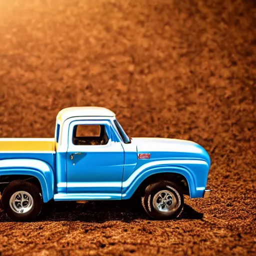 Image similar to a commercial photography of a hot wheels ford f 1 0 0 truck on a country dirt road diorama scene, cinematic lighting, product shot, detailed, hq, macro lens