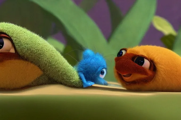 Image similar to disney pixar's a bug's life, cgi caterpillar colorful, furry caterpillar