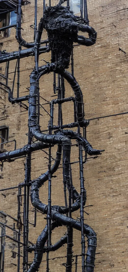 Image similar to black slimy monster with rusty pipes and scaffolding