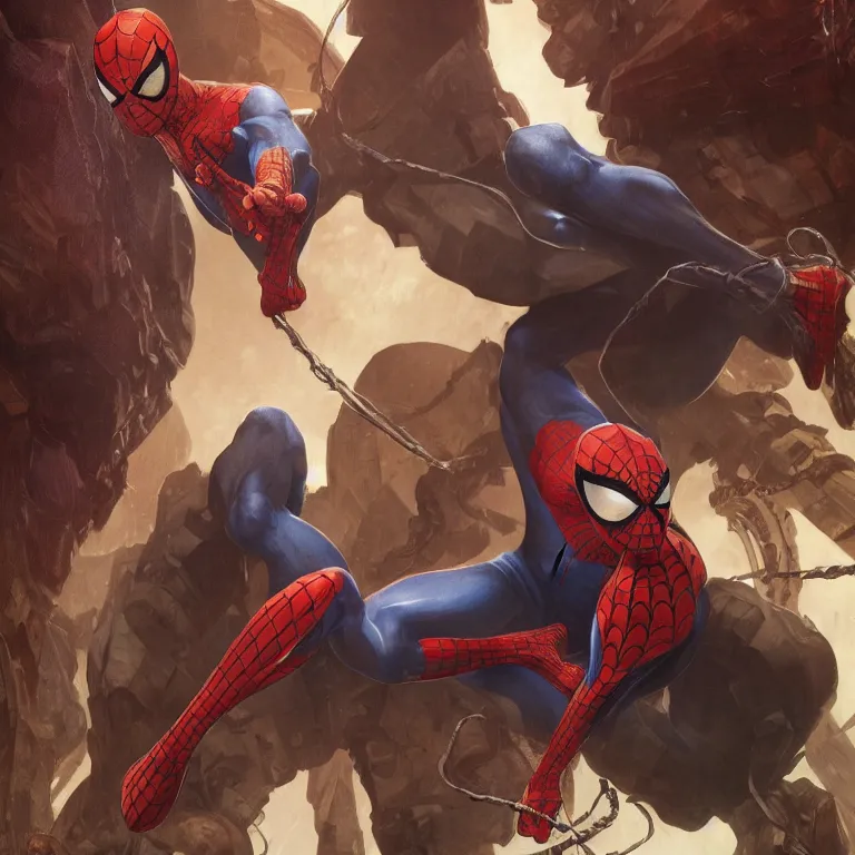 Image similar to portrait of spiderman, D&D, fantasy, highly detailed, digital painting, artstation, smooth, sharp focus, illustration, art by artgerm and greg rutkowski and alphonse mucha