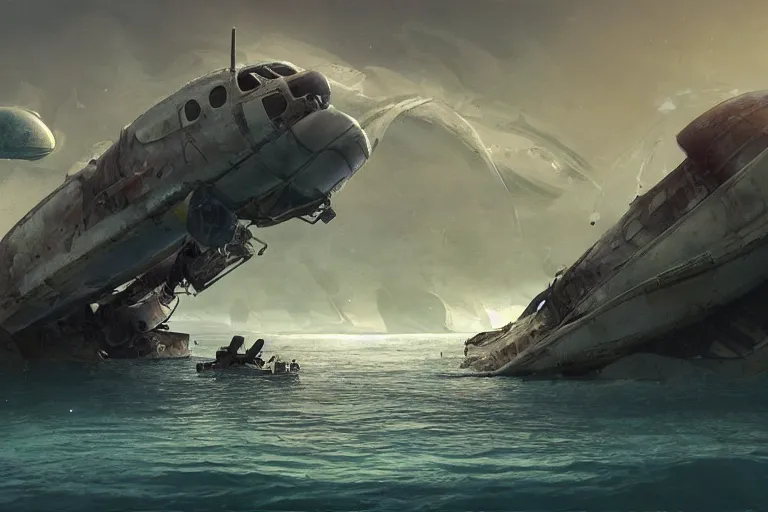 Prompt: a matte painting of a scavenger explorer floating in some water underneath old wreckage of a crashed space ship on a hot day, by alejandro burdisio, trending on cgsociety