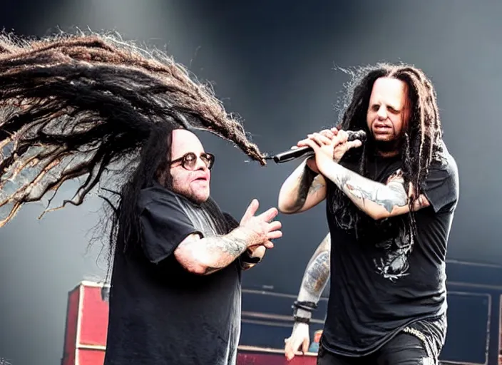 Image similar to publicity photo still of danny devito touring with korn live on stage, 8 k, live concert lighting, mid shot