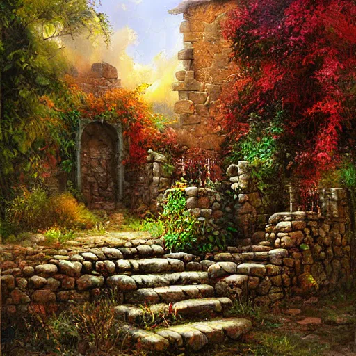 Image similar to colorful marc simonetti and Mark Keathley impasto!! acrylic painting of the slate stone gateway of a forgotten civilization. vines and creepers, stone etchings