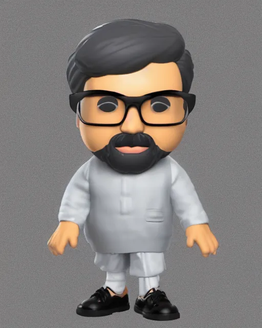 Prompt: full body 3 d render of indian man, chubby face, small dark grey beard, small glasses, grey hair, as a full body funko pop!, studio lighting, grey background, single body, no shadow, blender, trending on artstation, 8 k, highly detailed