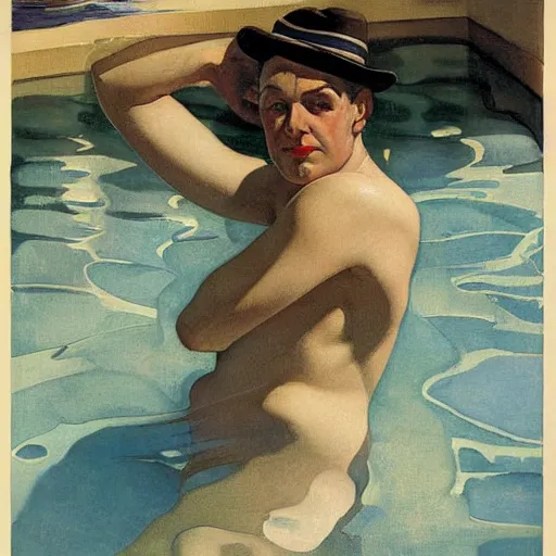 Prompt: portrait of a man swimming in a pool in california, by j. c. leyendecker, tamara de lempicka