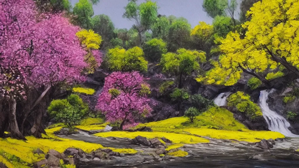 Image similar to A beautiful landscape oil painting of a hill with trees, a person is walking trhough the river and anoter person is sitting under a tree, the spring has arrived and the trees are blooming and covered with yellow, pink, purple and red flowers, the river come from the waterfall and is zigzagging and flowing its way, the river has lots of dark grey rocks, by Greg Rutkowski