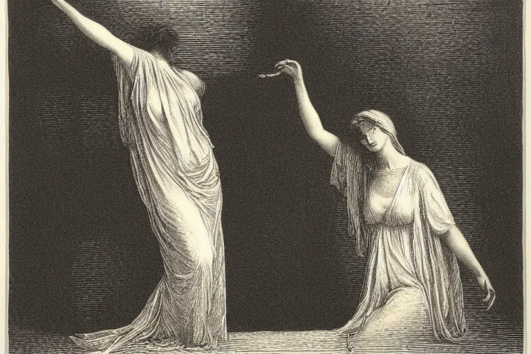 Image similar to woman hand, soft light, Gustave Dore lithography